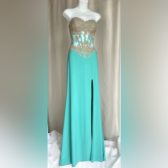 Prom Gown Glow by Colors Size 6, Tiffany Turquoise with Rose Gold Lace Bodice - Picture 6 of 17